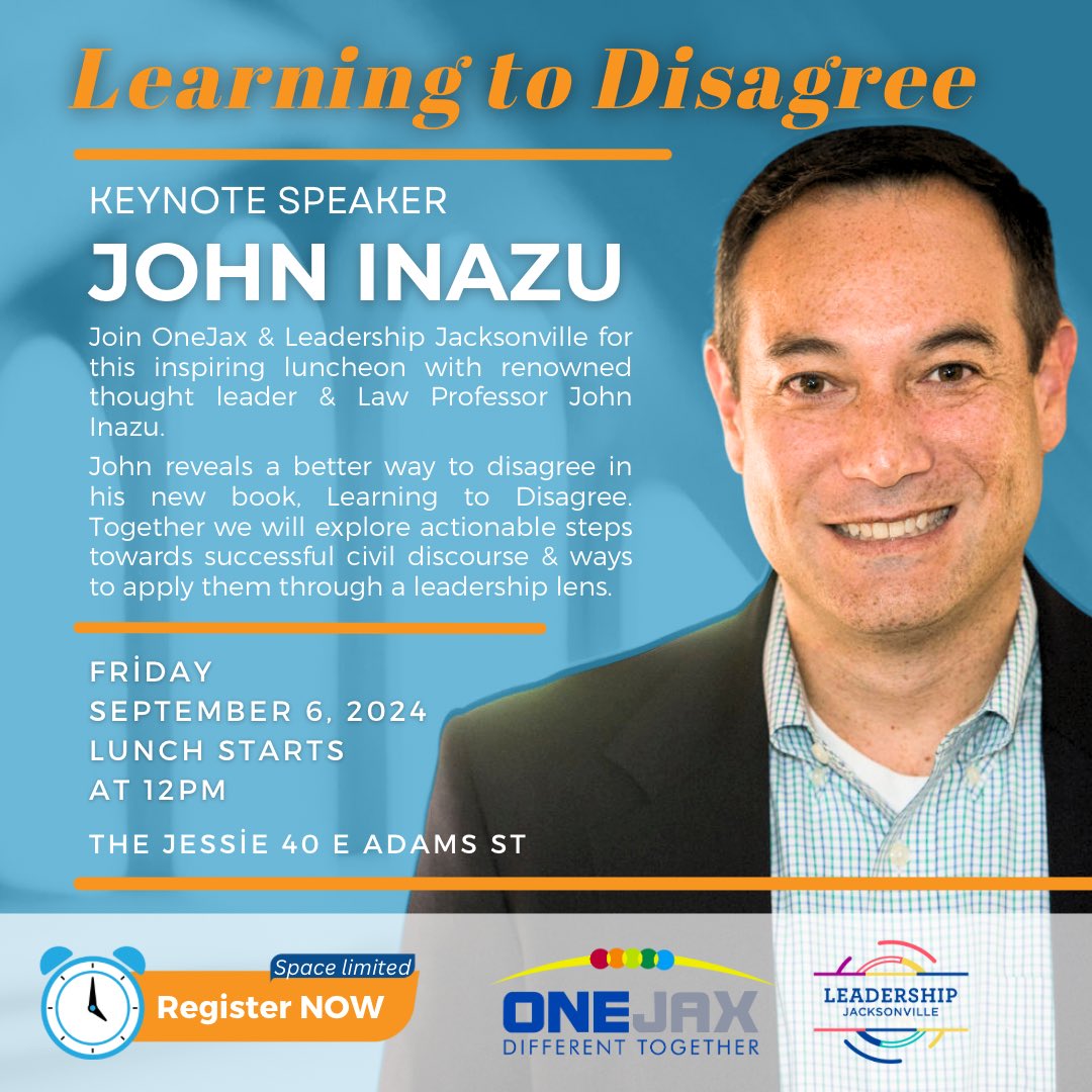 OneJax (@onejax) on Twitter photo OneJax is partnering with <a href="/LeadershipJax/">Leadership Jax</a> for “Learning to Disagree” with renowned thought leader featuring John Inazu, Friday, Sept 6, 11:30-1:30 at <a href="/TheJessieJax/">The Jessie</a>.
Enjoy networking, lunch, & a special gift for just $30! Space is limited, so REGISTER NOW:
onejax.app.neoncrm.com/np/clients/one… OneJax is partnering with <a href="/LeadershipJax/">Leadership Jax</a> for “Learning to Disagree” with renowned thought leader featuring John Inazu, Friday, Sept 6, 11:30-1:30 at <a href="/TheJessieJax/">The Jessie</a>.
Enjoy networking, lunch, & a special gift for just $30! Space is limited, so REGISTER NOW:
onejax.app.neoncrm.com/np/clients/one…
