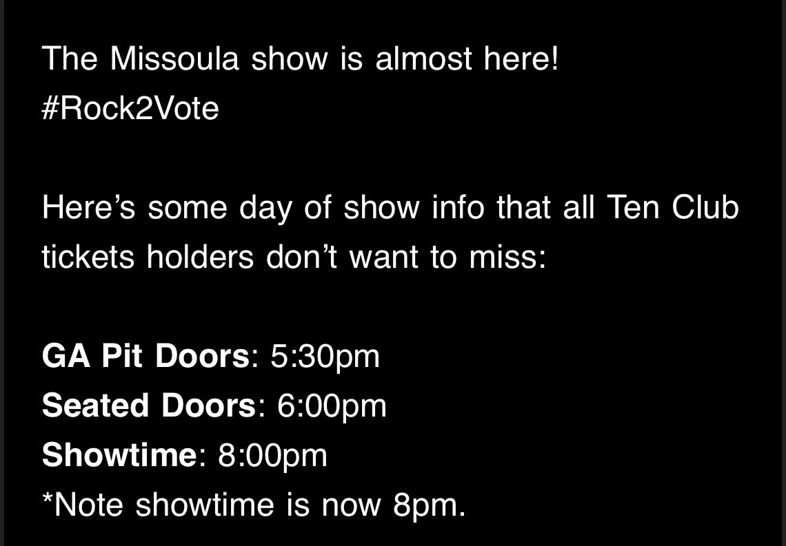 JeffAmentsArmy's tweet photo. Information from the #TenClub #10Club about the Missoula show! 
Wheeeeee!!!!
#PJTour #PJMissoula #PJTour2024 #darkmatter ##rock2vote https://t.co/LUX0rJY0eO