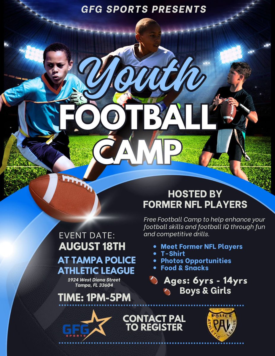 PALtampa's tweet photo. Tampa PAL is hosting a youth football camp. Space is limited so register now.  Former NFL players will be helping your youth improve their skills. Register at https://t.co/qqAaiRZTcP https://t.co/NocCGQihhA