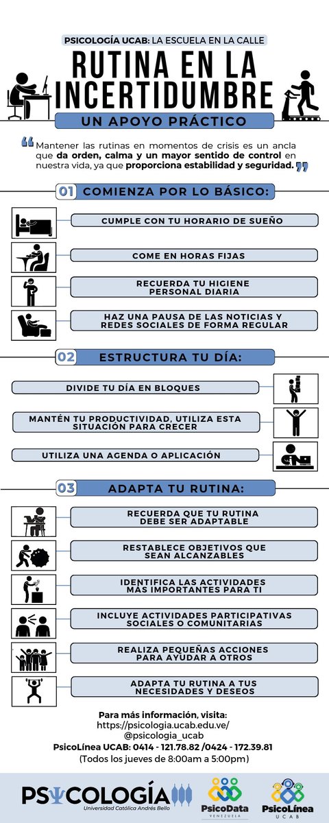 En estos momentos, las rutinas son como un ancla que nos mantiene firmes en medio de la tempestad. Al estructurar una rutina, es crucial tener en cuenta las siguientes recomendaciones. 
¡Es la hora de la RESILIENCIA!
Psicología UCAB: La Escuela en la calle 🫱🏻‍🫲🏼🛣
#SaludMental