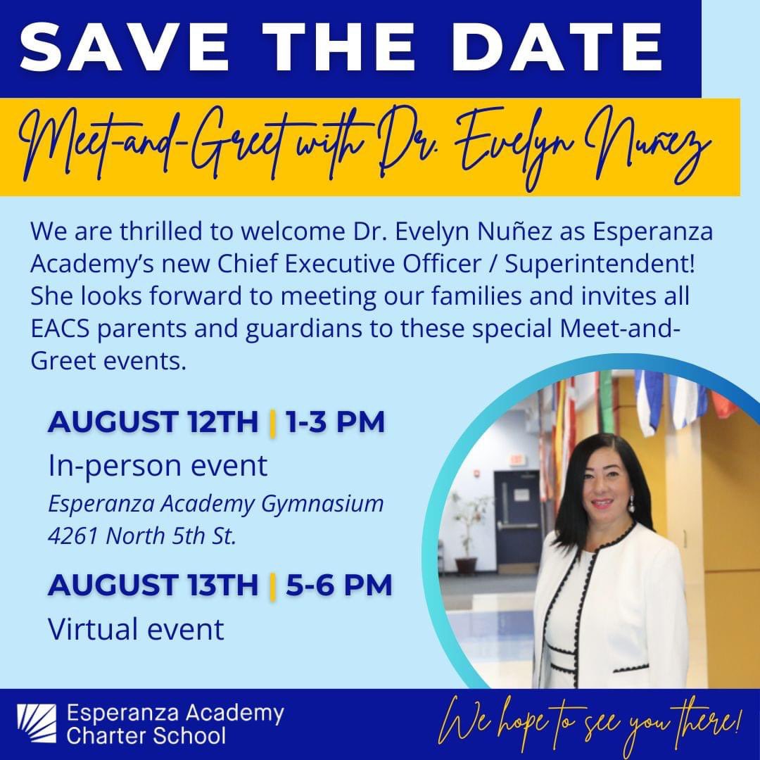 📢 Attention, Esperanza Academy parents and guardians! You are invited to meet Dr. Nuñez before we start the new school year! 🗓️ come in person or Click below to access the virtual meeting 🔗 meet.google.com/nif-rsvz-kwu #leadership #community #EsperanzaAcademy