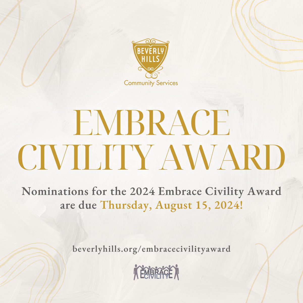 Embrace Civility Award! 🏆 Nominations for the Embrace Civility Award are due on Thursday, August 15! 📣 Find out more and nominate at beverlyhills.org/embracecivilit….
#communitylifebh #embracecivility #BeverlyHills #award