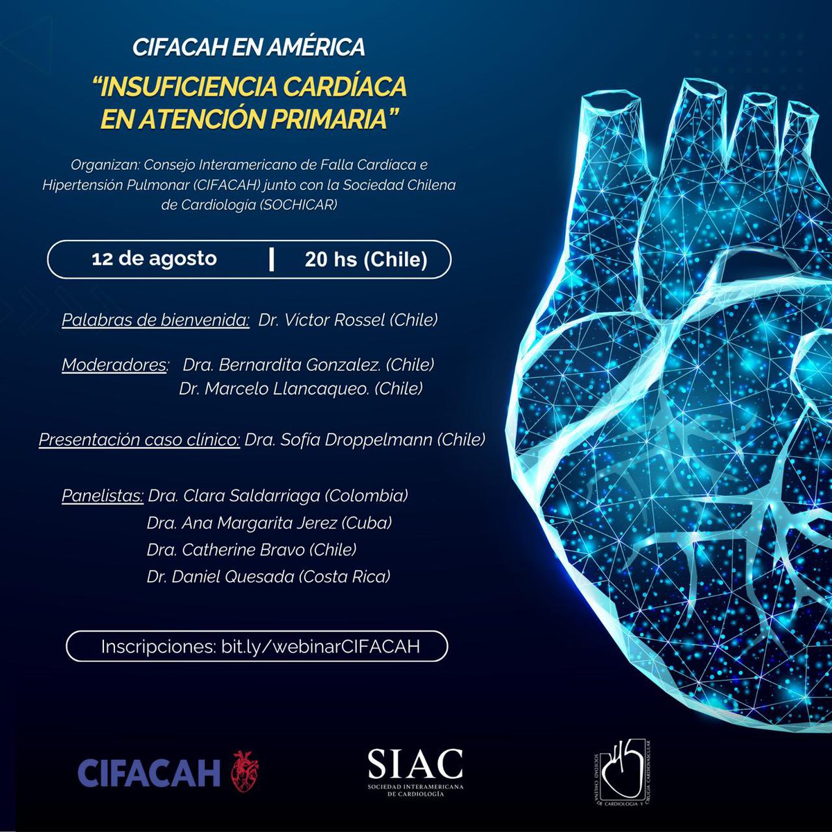 Tercer webinar del CIFACAH! 

No te pierdas el próximo lunes 12 de agosto en horario estelar el tema de insuficiencia cardiaca 🫀 en atención primaria 🏫 

Evento conjunto con la Sociedad Chilena de Cardiología 🇨🇱  

Síguenos para mayor info!

<a href="/SIAC_cardio/">SIAC</a> 
<a href="/Sochicaroficial/">Soc. Chilena de Cardiología</a>