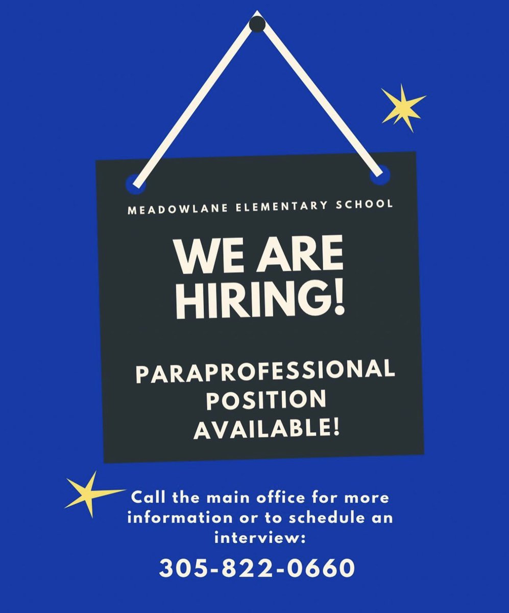 Meadowlane ES (@meadowlane_es) on Twitter photo <a href="/Meadowlane_ES/">Meadowlane ES</a> Paraprofessional position available. Contact 305-822-0660 for more information or to schedule an interview. <a href="/Meadowlane_ES/">Meadowlane ES</a> Paraprofessional position available. Contact 305-822-0660 for more information or to schedule an interview.
