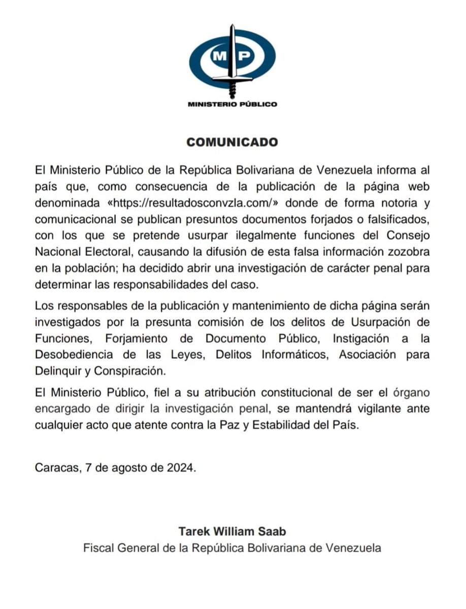 ElUniversal's tweet photo. El fiscal general Tarek William Saab informó que el Ministerio Público inicia una investigación penal contra los responsables de la página “Resultados presidenciales Venezuela 2024”, en donde fueron publicadas actas electorales.

#EUVzla #ElUniversal #Nacionales https://t.co/7FQXhhPGXr
