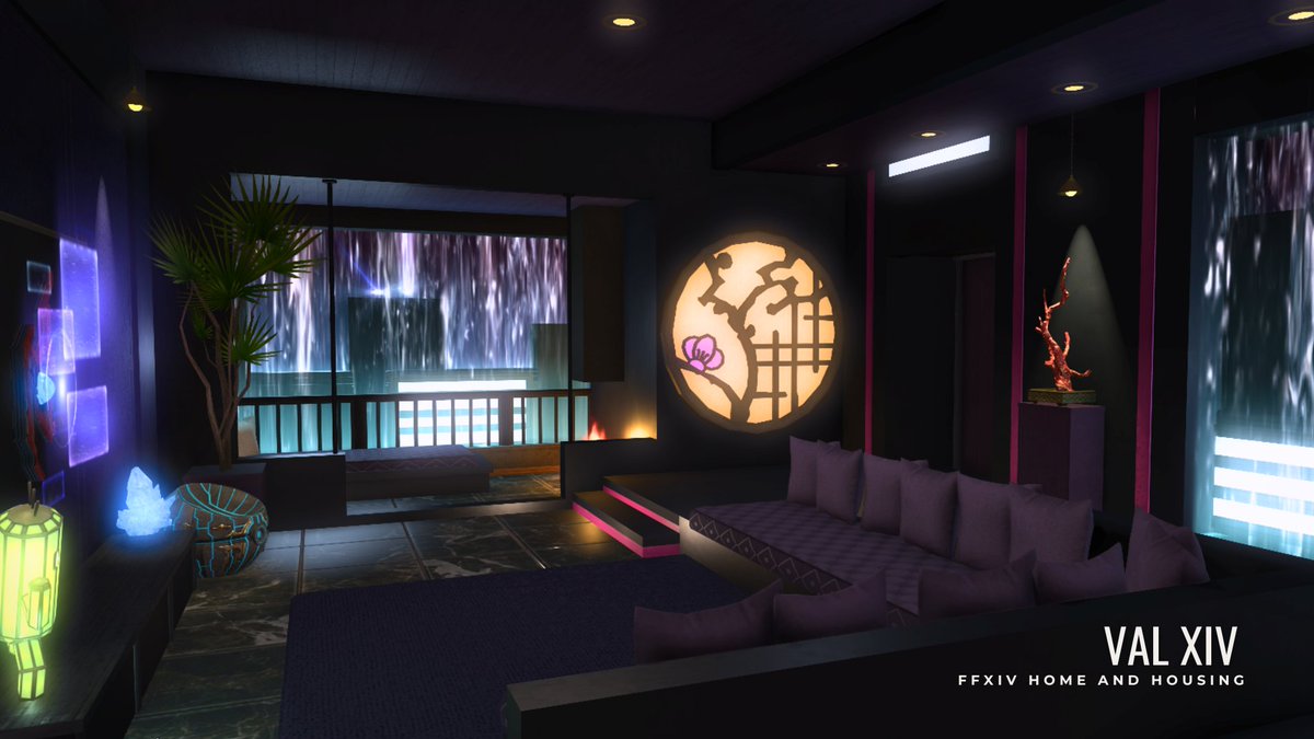 [Medium/FC] Acid Rain Heights - Made a communal FC area for the main floor of a medium in the acid rain/cyber city theme. Will be making Fc rooms to go with this at some point! 
#FFXIVHousing #FinalFantasyXIV #hgxiv #ff14📷 #ff14ハウジング #FFXIV📷 #HousingEden