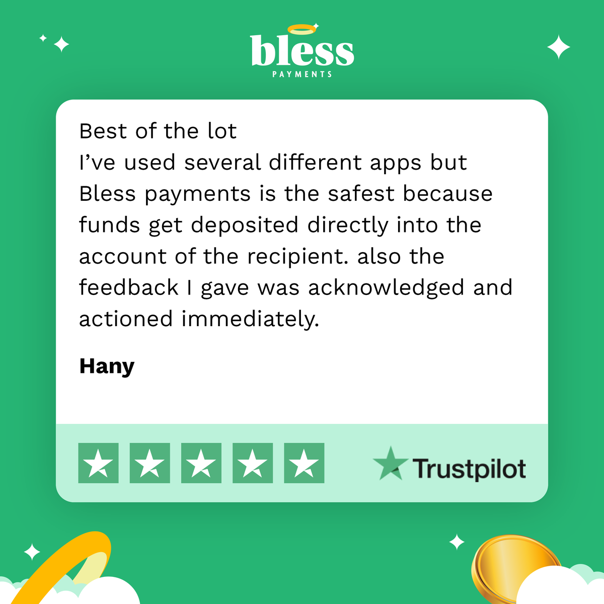 Don't just take our word for it 💚

From affordable fees to instant transfers, our users are raving about their experiences.

Read the full review au.trustpilot.com/reviews/660c01…

#blesspayments #customerreview #sendmoneytoegypt