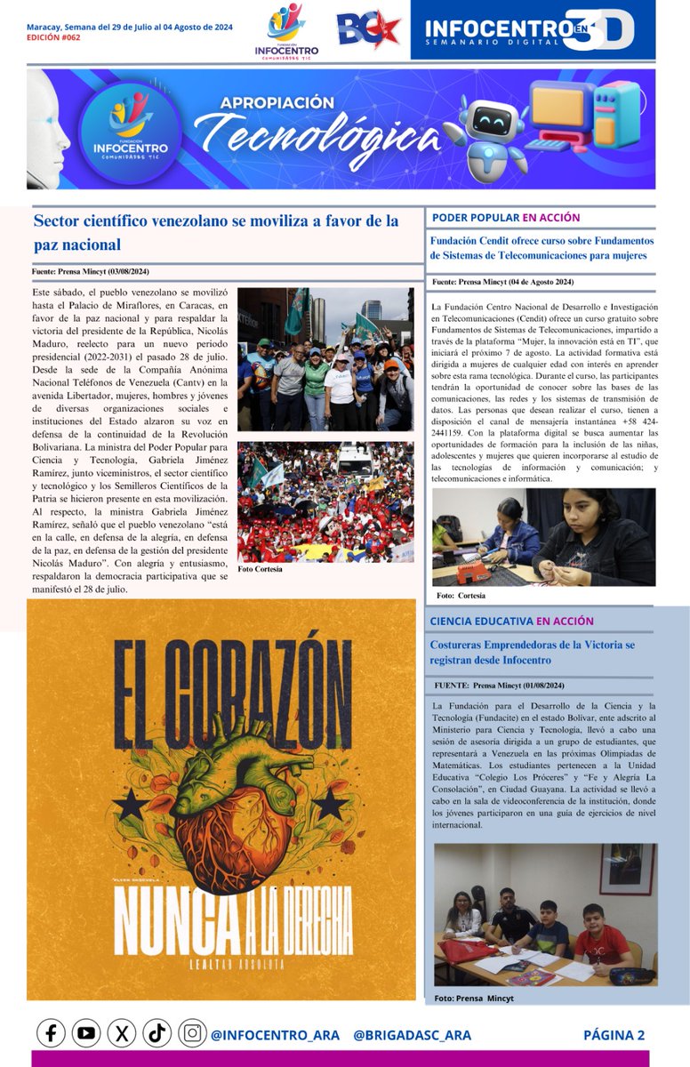 #Lun05DeAgosto Y hoy te traemos las mejores noticias del mundo de la Ciencia y la Tecnología de Infocentro y del Mincyt para tí en  la Edición #062 para seguir informándote del acontecer Científico Tecnológico en la Patria.
<a href="/NicolasMaduro/">Nicolás Maduro</a>
<a href="/Gabrielasjr/">Gabriela Jiménez</a>
<a href="/LaRosaInfoVE/">LaRosaInfoVE</a>