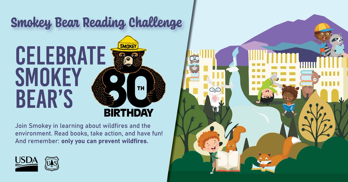 USFSRockyMtns's tweet image. Join Smokey in completing a reading challenge to learn about wildfires and the environment in honor of his birthday. You’ll get to read books, earn badges and receive prizes.
@CSLPreads #LibraryAdventures #AdventureBeginsAtYourLibrary