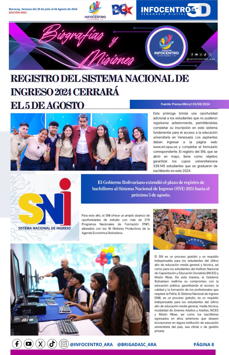 #Lun05DeAgosto Y hoy te traemos las mejores noticias del mundo de la Ciencia y la Tecnología de Infocentro y del Mincyt para tí en  la Edición #062 para seguir informándote del acontecer Científico Tecnológico en la Patria.
<a href="/NicolasMaduro/">Nicolás Maduro</a>
<a href="/Gabrielasjr/">Gabriela Jiménez</a>
<a href="/LaRosaInfoVE/">LaRosaInfoVE</a>