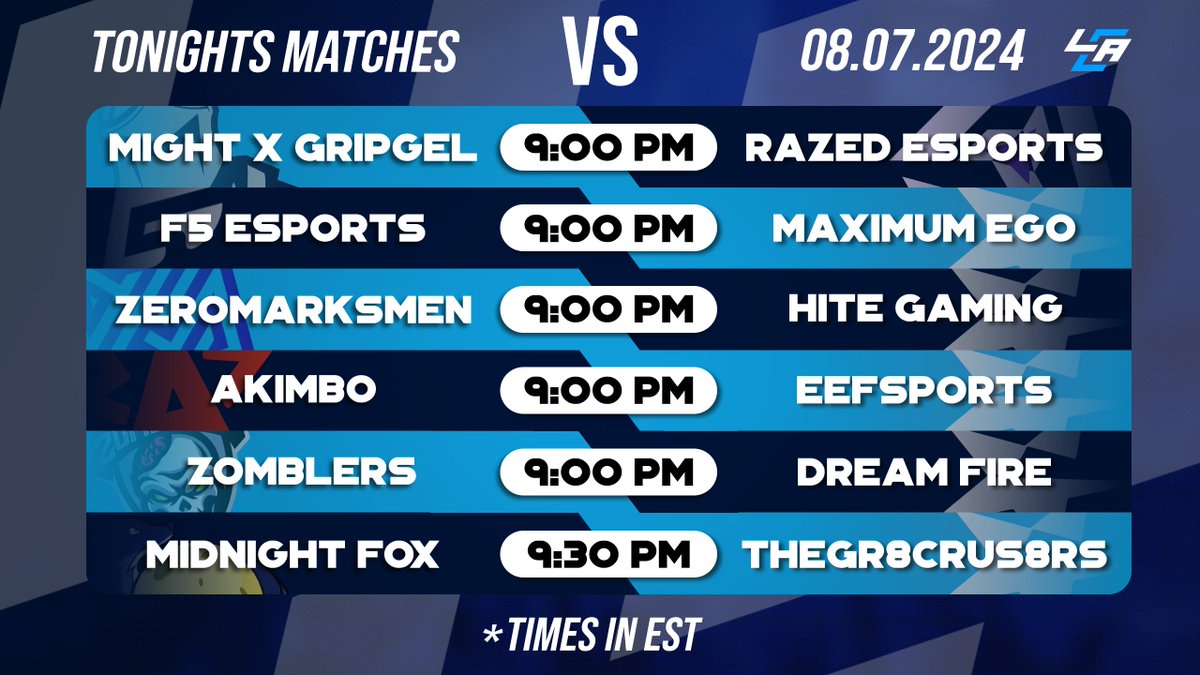 LCA Broadcasting (@lcabroadcasting) on Twitter photo 🚨 Tonight's Matches Covered by LCA!🚨
⚔️ <a href="/AkimboES/">Akimbo Esports</a> VS #eefsports
🎙️ <a href="/JIber36/">Jeremy Iber</a>
⚔️ <a href="/Zomblers/">Zomblers LLC</a> VS #DreamFire
🎙️ <a href="/TheWillyN/">Willy</a>
⚔️ <a href="/MidnightFoxCS/">MidnightFox</a> VS #TheGr8Crus8rs
🎙️ <a href="/Amaster15/">andrew hallman</a> & <a href="/AllinGaming23/">All In Gaming</a>
🔗: IN REPLIES 🚨 Tonight's Matches Covered by LCA!🚨
⚔️ <a href="/AkimboES/">Akimbo Esports</a> VS #eefsports
🎙️ <a href="/JIber36/">Jeremy Iber</a>
⚔️ <a href="/Zomblers/">Zomblers LLC</a> VS #DreamFire
🎙️ <a href="/TheWillyN/">Willy</a>
⚔️ <a href="/MidnightFoxCS/">MidnightFox</a> VS #TheGr8Crus8rs
🎙️ <a href="/Amaster15/">andrew hallman</a> & <a href="/AllinGaming23/">All In Gaming</a>
🔗: IN REPLIES