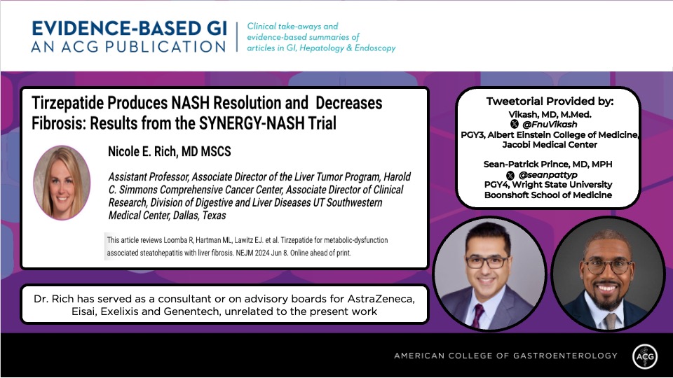 Evidence-Based GI: An ACG Publication (EBGI) (@acg_ebgi) on Twitter photo 1/ ⏰ for #EBGI Tweetorial🧵w/ <a href="/FnuVikash/">Fnu Vikash, MD</a> & <a href="/seanpattyp/">Sean-Patrick Prince, MBBS, MPH</a>!
“Tirzepatide Produces NASH Resolution and Decreases Fibrosis: Results from the SYNERGY-NASH Trial”
📜Summary: bit.ly/3yq9zTf
🎧 bit.ly/4cwtmyt
📰 bit.ly/46zUsDm
#GITwitter 1/ ⏰ for #EBGI Tweetorial🧵w/ <a href="/FnuVikash/">Fnu Vikash, MD</a> & <a href="/seanpattyp/">Sean-Patrick Prince, MBBS, MPH</a>!
“Tirzepatide Produces NASH Resolution and Decreases Fibrosis: Results from the SYNERGY-NASH Trial”
📜Summary: bit.ly/3yq9zTf
🎧 bit.ly/4cwtmyt
📰 bit.ly/46zUsDm
#GITwitter