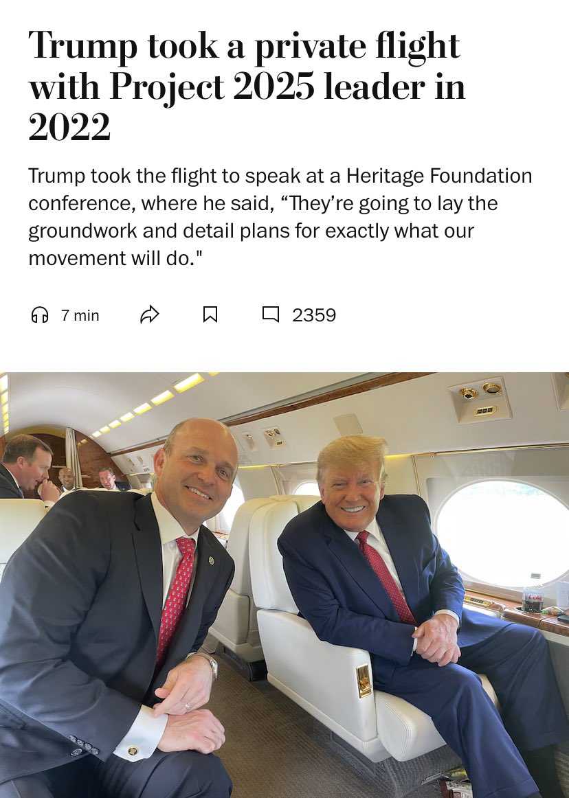 Donald Trump has repeatedly denied knowing about the Project 2025 policy blueprint or the people behind it. “Have no idea who is in charge of it,” he wrote in a social media post in July.

But in April 2022, Trump shared a 45-minute private flight with Heritage Foundation