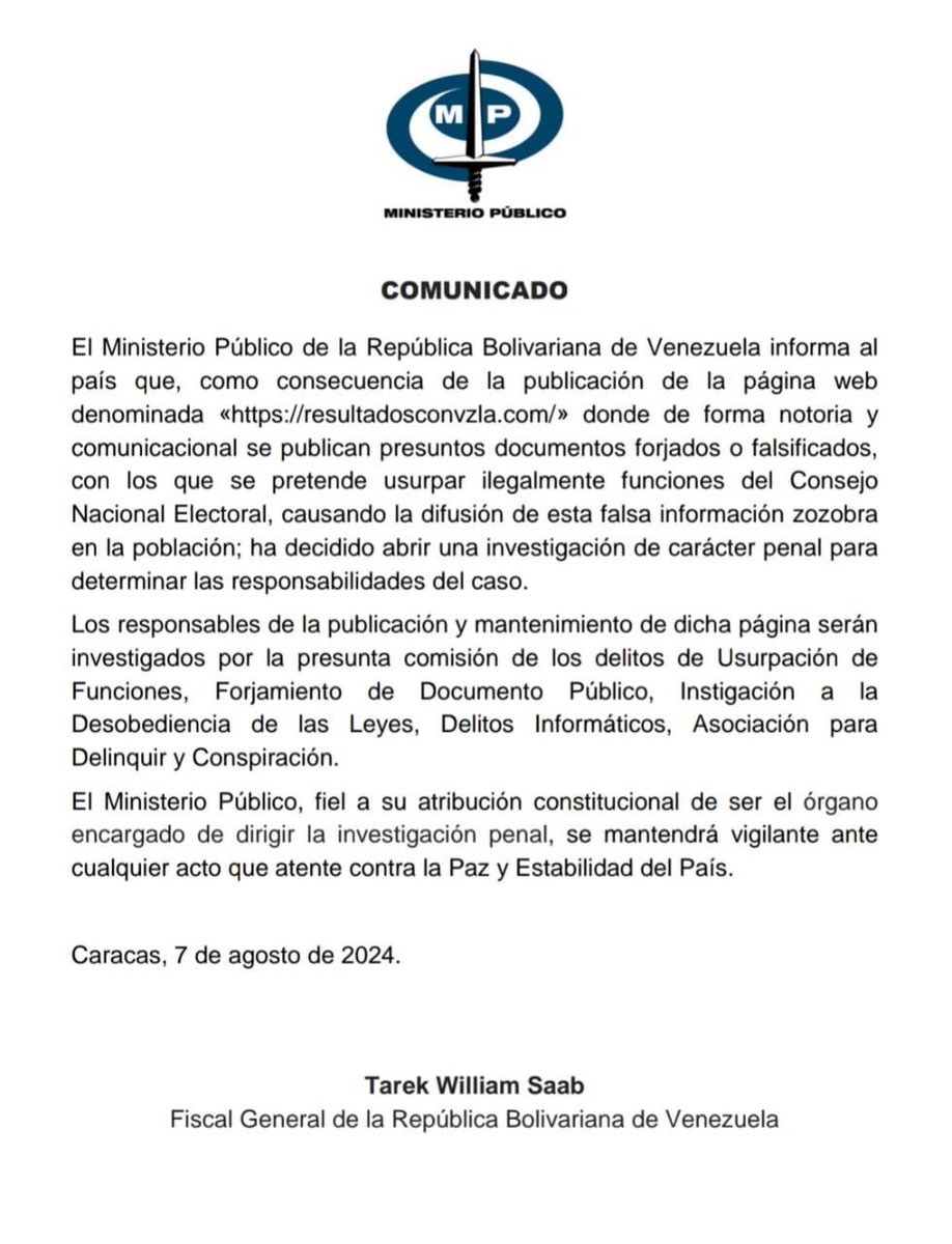 EmmaRincon's tweet photo. 🚨 La tiranía de Nicolás Maduro ahora abre investigación penal contra las personas que armaron la infraestructura para contabilizar los votos.

En un régimen socialista es un delito acumular pruebas de la realidad; lo legal es el robo de elecciones y el Golpe de Estado. https://t.co/6zLmWJcfBe