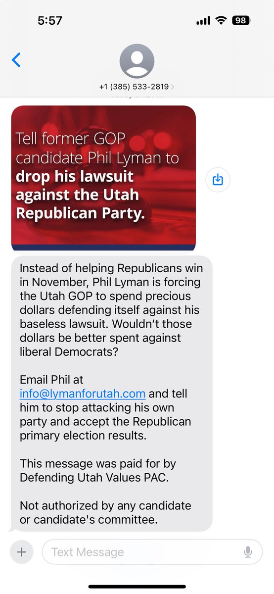 foremar's tweet photo. Governor Spencer Cox of Utah and his hench-woman Deidre Henderson are being VERY suspicious about the primary election. Now we’re getting mass texts. @phil_lyman https://t.co/bTjHVwS8K1