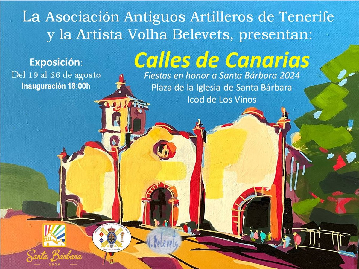 Es un privilegio presentarles la exposición que tendrá lugar en el Barrio de Santa Bárbara de Icod de Los Vinos, durante las fiestas en honor a Santa Bárbara

El barrio más artillero de #España
#antiguosartilleros #CallesdeCanarias
#exposiciódepintura #exposición #icoddelosvinos