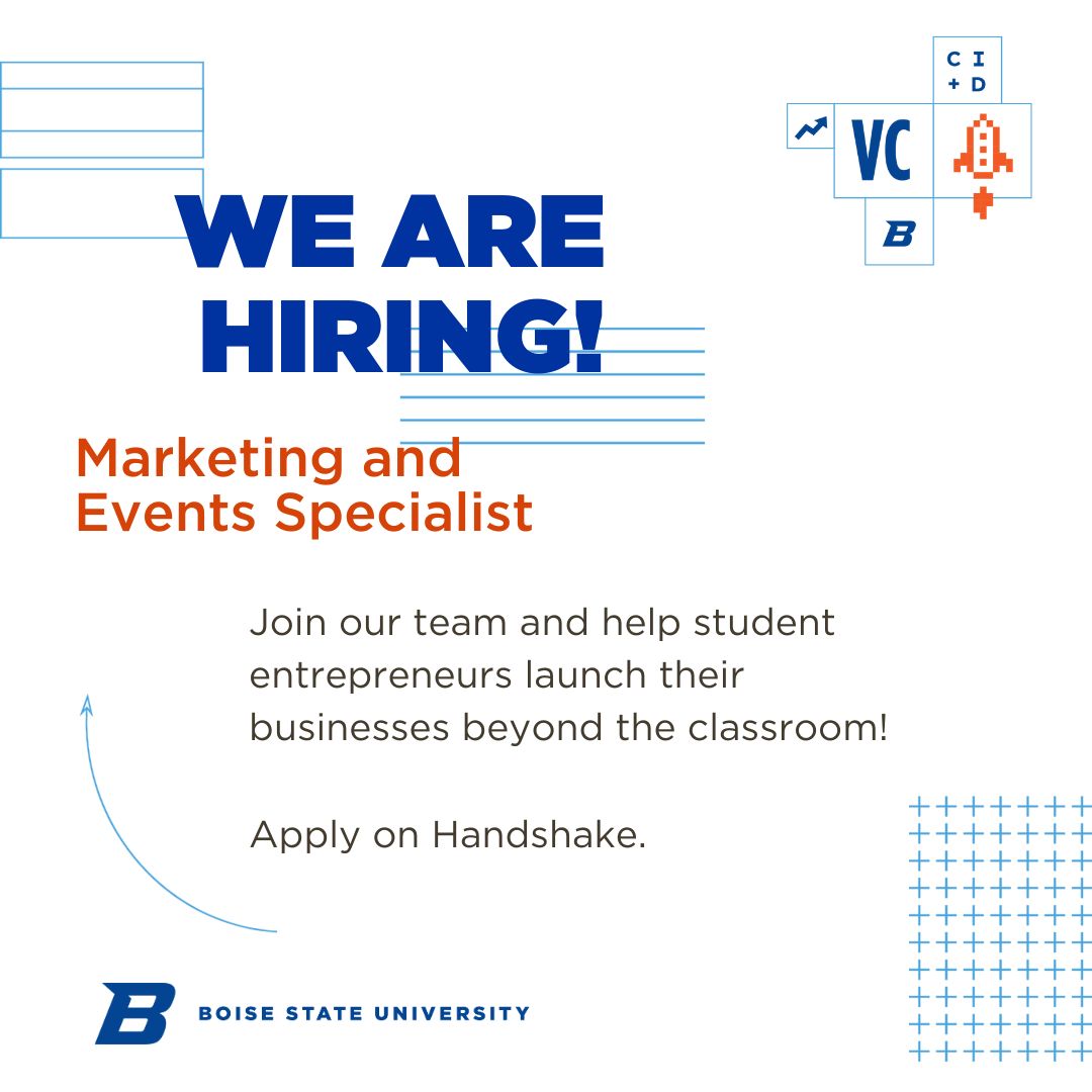 VentureCollege_'s tweet photo. Students! We are seeking a Marketing &amp; Events Specialist to join our team to help cultivate and support entrepreneurship at @BoiseState.

Find the full job description and application on @joinHandshake!

#VentureCollege #BoiseState https://t.co/GKrbDc0voK