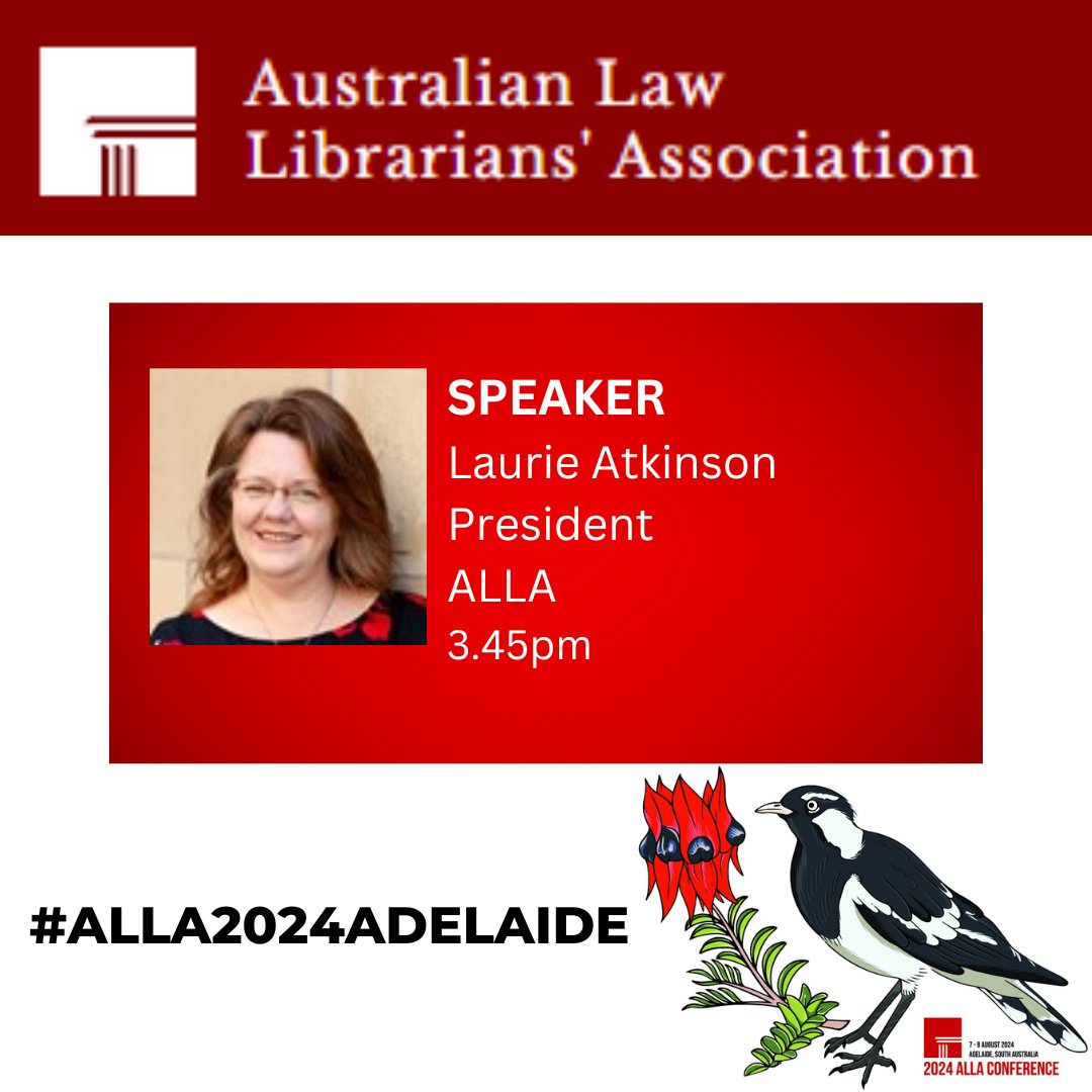 Recent globetrotter ALLA President Laurie Atkinson, Director Law Lib Victoria/SC Librarian <a href="/LaurieAtkinson/">Laurie Atkinson</a> is going to present on her international conference experiences at BIALL, IALL &amp; AALL. <a href="/biall_uk/">BIALL</a> <a href="/IALLofficial/">International Association of Law Libraries (IALL)</a> AALL <a href="/aallnet/">AALL</a>
#ALLA2024Adelaide #ALLA24 #LawLibrarians 😀🗺️🌎