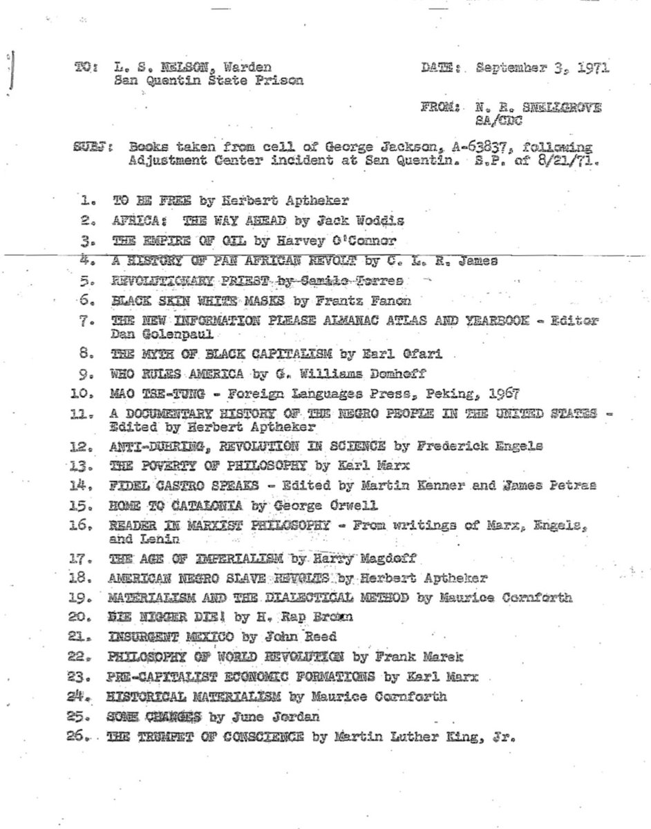imanicezanne's tweet photo. 99 Books taken from the cell of George Jackson after his assassination: https://t.co/OWxhGe74gW