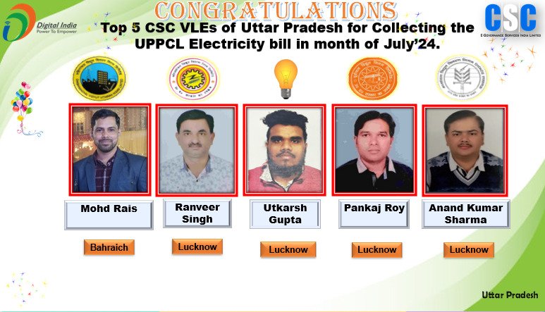 Congratulations💐to the top 5 CSC_VLEs of UPPCL for highest transaction of electricity bill collection in UPPCL Rural &amp; Urban in month of July'23
<a href="/rkmishra011/">Rajesh Mishra</a> <a href="/CSCegov_/">CSCeGov</a> <a href="/CSCUttarPradesh/">CSC Uttar Pradesh</a>
