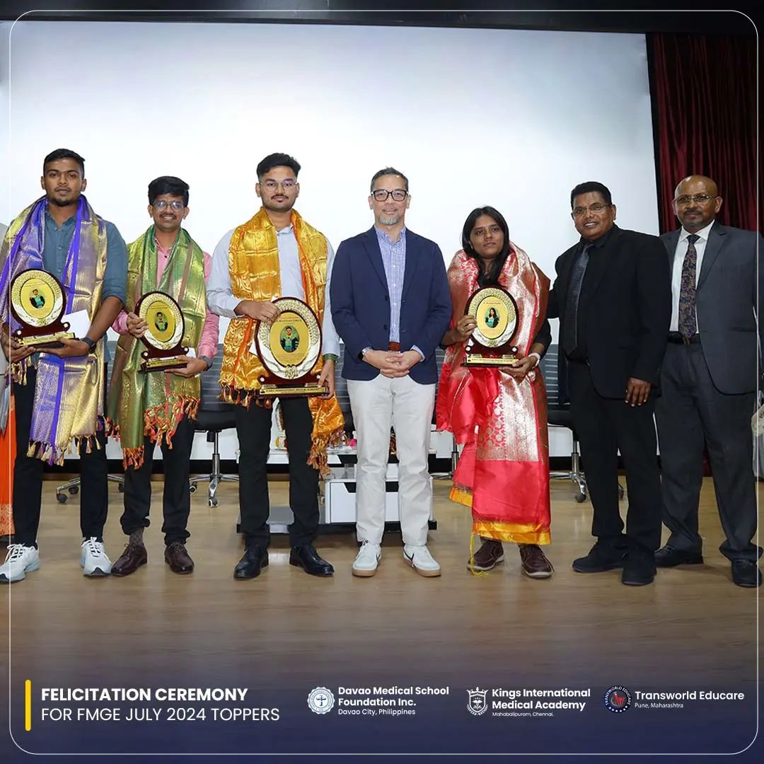 TraWorldEducare's tweet photo. Kings International Medical Academy held a felicitation ceremony for the FMGE July 2024 All India Rank holders. The Chief Guest was Mr. Josel F. Ignacio, Ambassador of the Philippines to India. Four students from Davao Medical School Foundation, now doctors, secured top 10 AIRs. https://t.co/iOmRfWQMOP