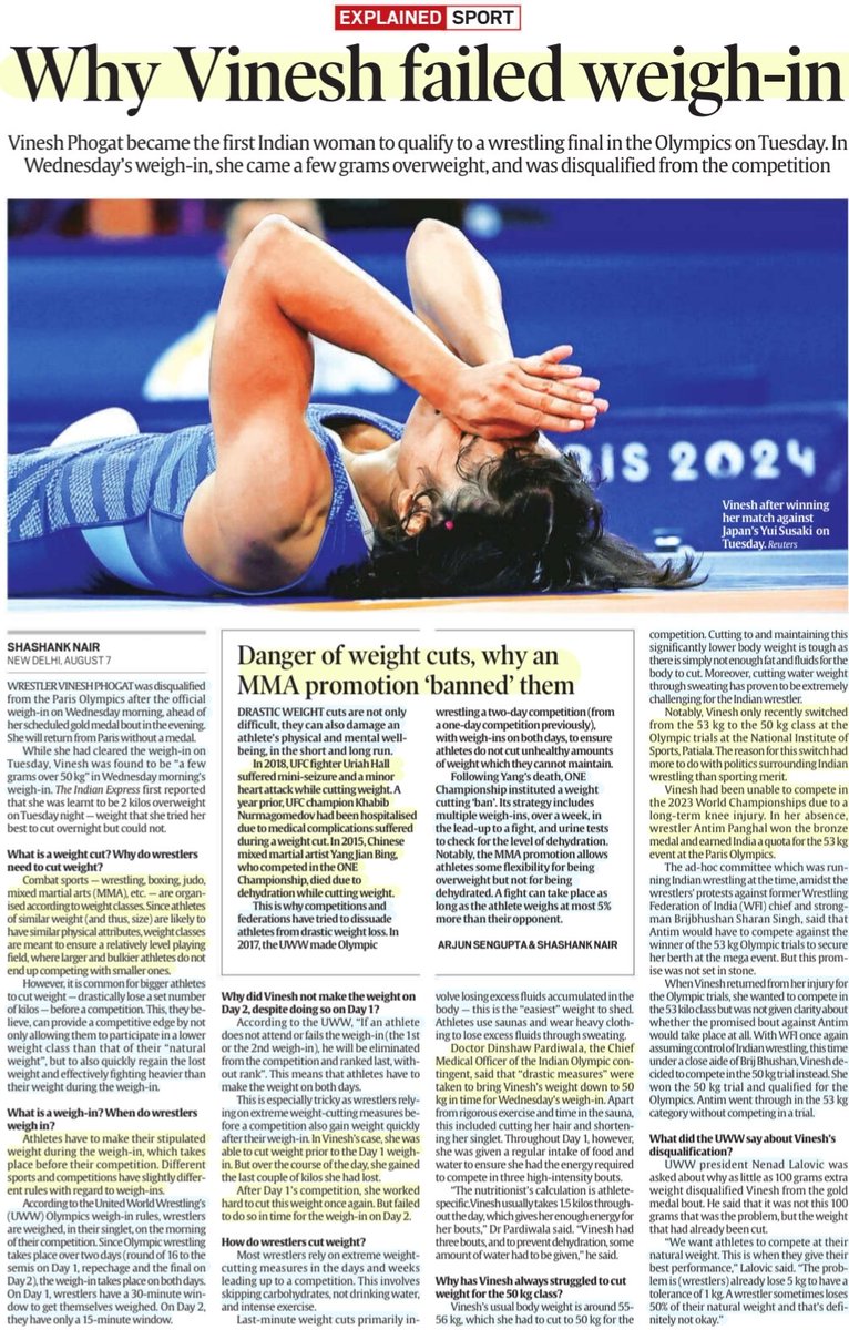 imRavikantYadav's tweet image. 'Why Vinesh failed Weigh- in'

:Explained by Sh Shashank Nair

Weight cut,reasons fr #athletes opting fr it, Weigh-In,process, reasons fr Vinesh's failing the weight, physical political struggles,#UWW stand on #phogat Disqualification&amp;amp;
More info

#PhogatVinesh 
#Olympics 

#UPSC