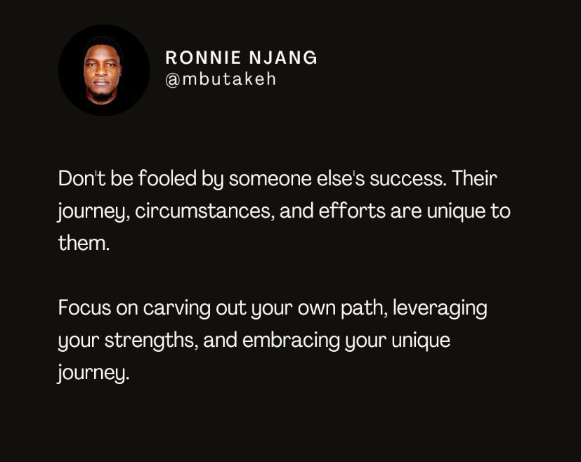ChingaMimi's tweet photo. Don’t let someone’s success fool you into thinking you can replicate it.

It’s easy to look at someone who has hit it big and think, “I can do that too!” 

But here’s the hard truth: success is not a one-size-fits-all journey. 

There are also some factors we fail to consider. https://t.co/2KsZJIbUYT