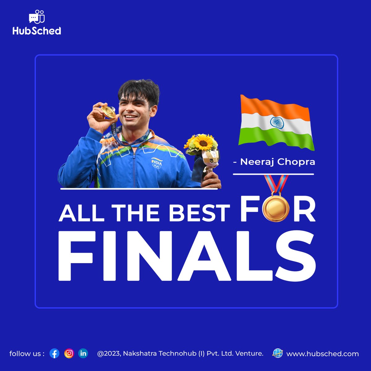 hubsched's tweet photo. Best of Luck, Neeraj Chopra!

✨ Wishing You Success in Your Javelin Throw Final at Paris Olympics 2024! ✨🇮🇳
.
.
#NeerajChopra #Olympics #ParisOlympics2024 #indian  #IndianPride #JavelinThrow #BestOfLuck #HubSched #Maharashtra #Nashik #nashikcity #HRMS #HR https://t.co/T5AcqnNPco