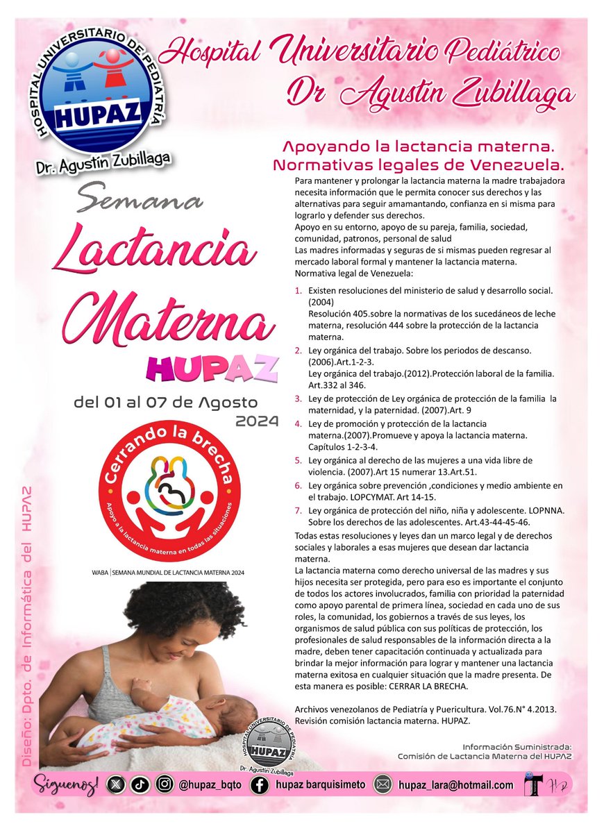 Para mantener y prolongar la #Lactancia #Materna la madre trabajadora necesita información que le permita conocer sus derechos y las alternativas para seguir amamantando,confianza en si misma para lograrlo y defender sus derechos.
Semana #LactanciaMaterna
DraMiriamLucena <a href="/cistica/">Miriam Lucena</a>