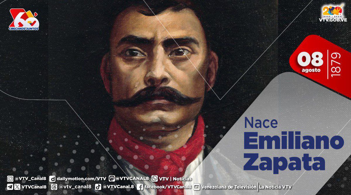 #EFEMÉRIDE🗓️| Emiliano Zapata nació el #08Ago de 1879, héroe del pueblo en la revolución mexicana. Conocido como el Caudillo del Sur representa un símbolo de justicia social, igualdad, lucha y resistencia campesina en México y América Latina. 

#PuebloSonrienteYEnPaz