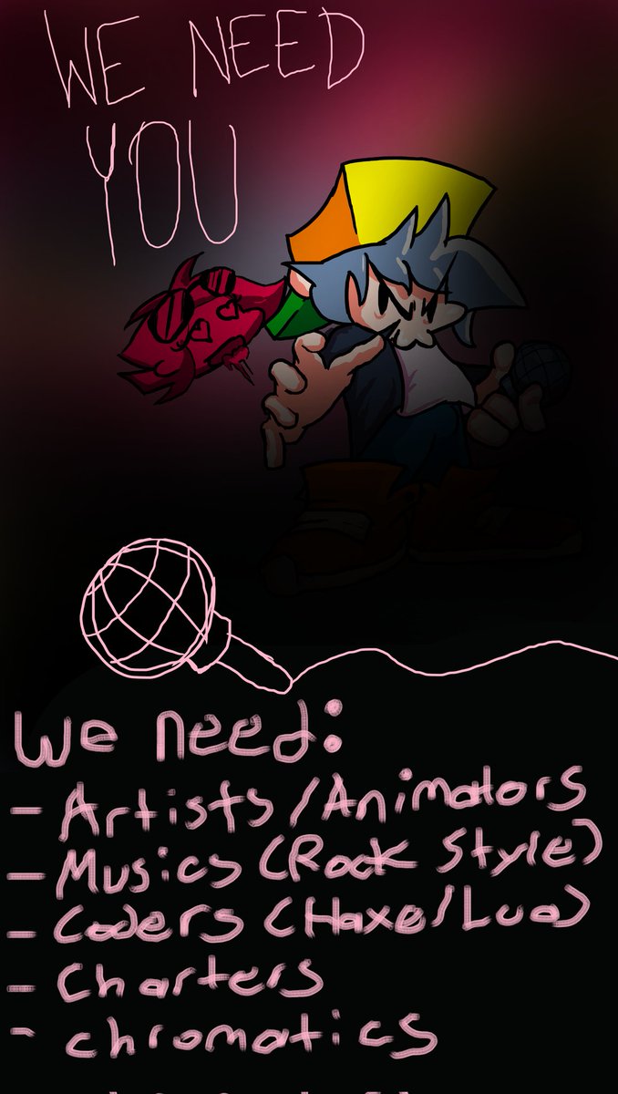 Riu_Hishira's tweet photo. Buenas, estamos haciendo un mod side de fnf al estilo rock y necesitamos su ayuda!!/Hi, we are making a rock style fnf side mod and we need your help!!

#fnfmods #fridaynighfunkin #fnf https://t.co/MWdnmxIvbo