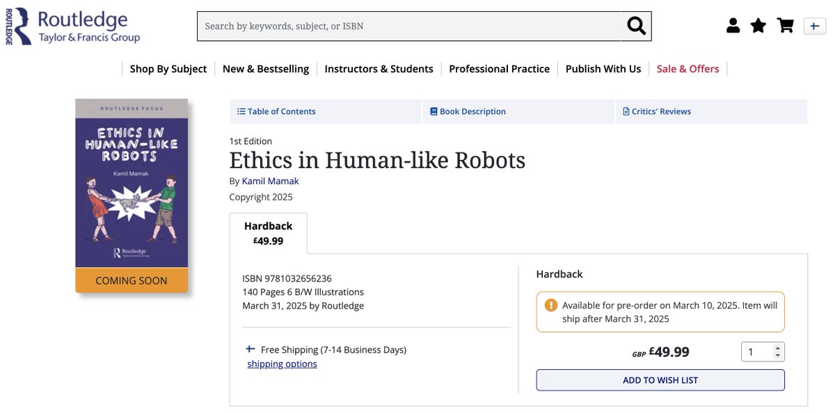 KamilMamak's tweet image. 🤖📘My newest book @routledgebooks, &quot;Ethics in Human-like Robots&quot;, is due in March 2025. In it, I discuss why the human form is not the best idea for robots. 

More info: routledge.com/Ethics-in-Huma…

#AIEthics #Robophilosophy #Roboethics