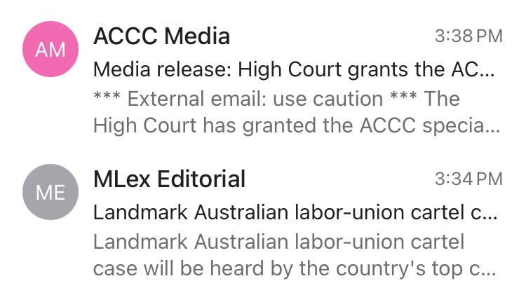 High Court will hear ACCC’s CFMEU cartel appeal. <a href="/JamesPanichi/">James Panichi</a> scooped offical media release by four minutes, too late fellas
