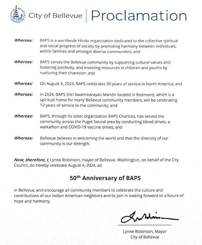 ChudgarMitul's tweet photo. On Aug 5th, the City of Bellevue presented a proclamation recognizing the 50th anniversary of  the first #BAPS Mandir in North America. Thank you City of  @bellevuewa #Bellevue and Mayor Lynne Robinson. https://t.co/OpxBf1uyi1