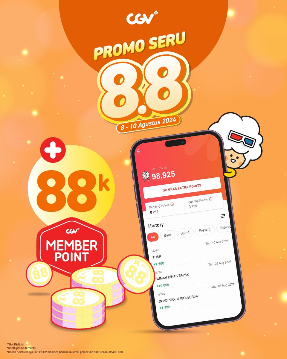 CGV_ID's tweet photo. PROMO 8.8 ๐ฅ
๐๐ป Diskon paket jajan Combo Special
๐๐ป Diskon Super Combination Pizza
๐๐ป Cashback 88K CGV point
Promo berlaku mulai hari ini sampai 10 Agustus 2024. Syarat & ketentuannya bisa kamu cek di https://t.co/KfLbcAz1Tg
#CGVpromo88 #Promo88 #PromoSerudiCGV #SemuaSerudiCGV