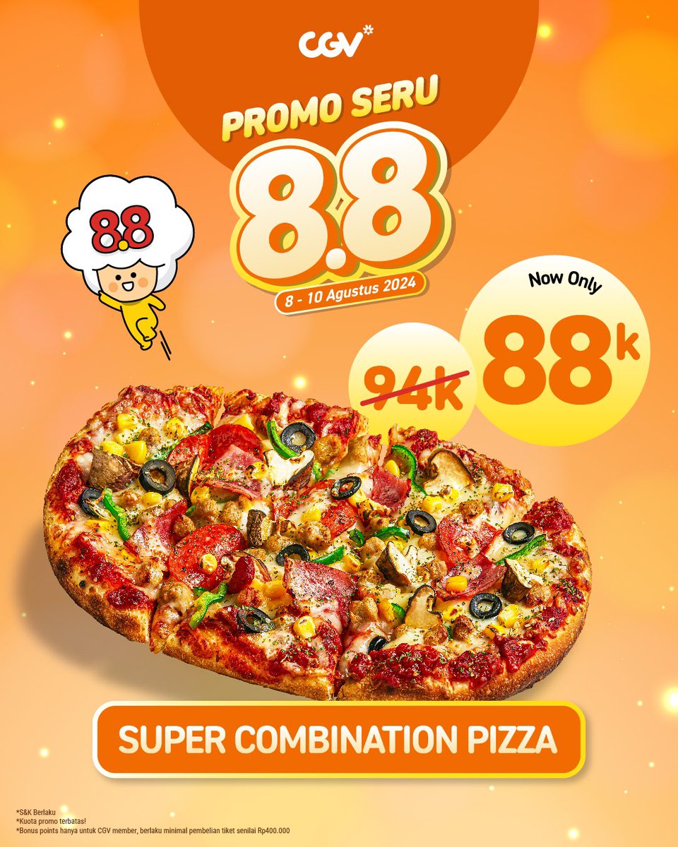 CGV_ID's tweet photo. PROMO 8.8 ๐ฅ
๐๐ป Diskon paket jajan Combo Special
๐๐ป Diskon Super Combination Pizza
๐๐ป Cashback 88K CGV point
Promo berlaku mulai hari ini sampai 10 Agustus 2024. Syarat & ketentuannya bisa kamu cek di https://t.co/KfLbcAz1Tg
#CGVpromo88 #Promo88 #PromoSerudiCGV #SemuaSerudiCGV