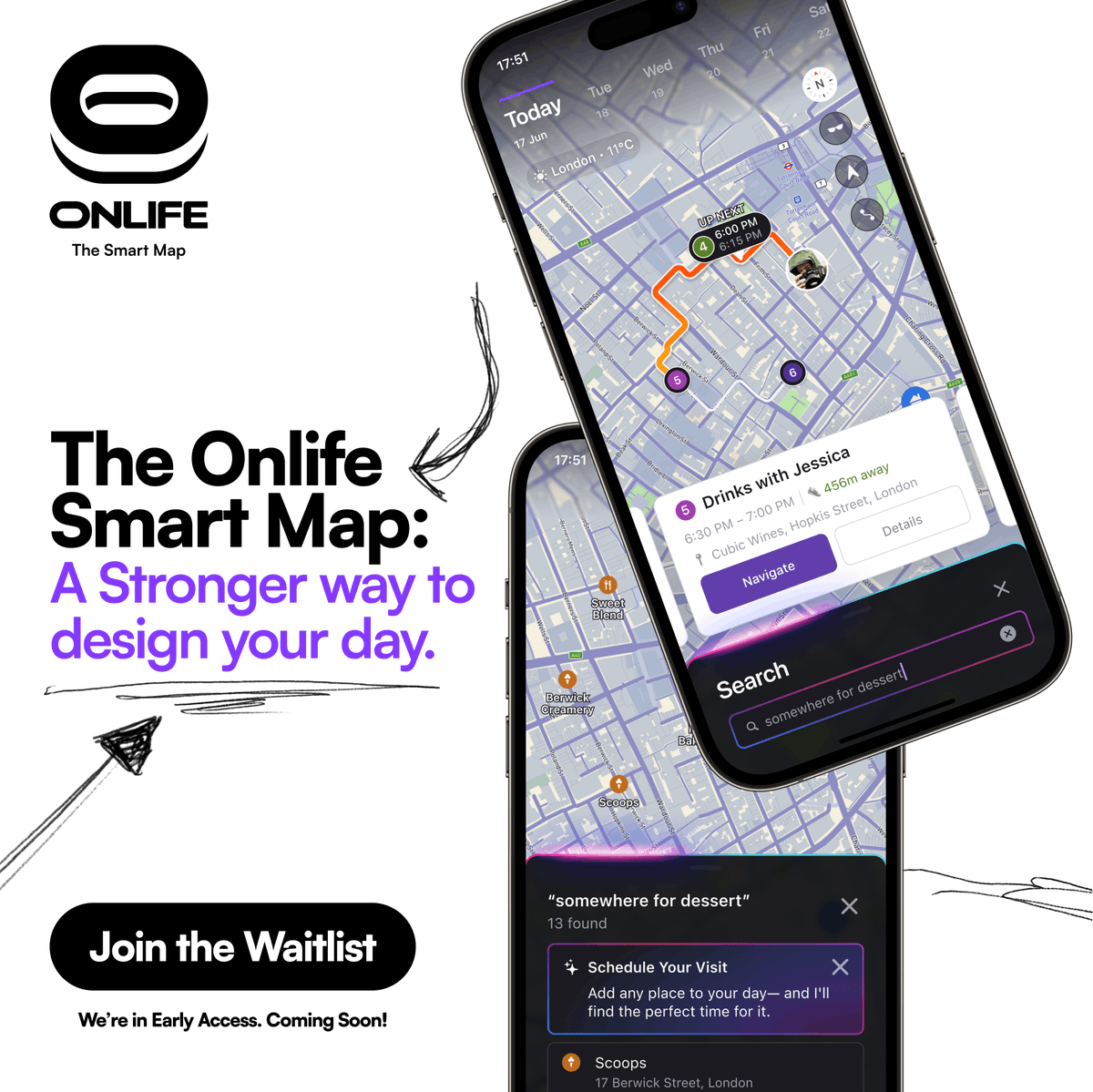 getonlife's tweet photo. Navigating your busy day just got simpler with Onlife. Our intelligent map adapts to your schedule, ensuring efficient routes and highlighting free time. Experience the smartest map ever by joining our Early Access waitlist: https://t.co/Dd7tbtL2fK. #Onlife https://t.co/JXUGW2ZbeH