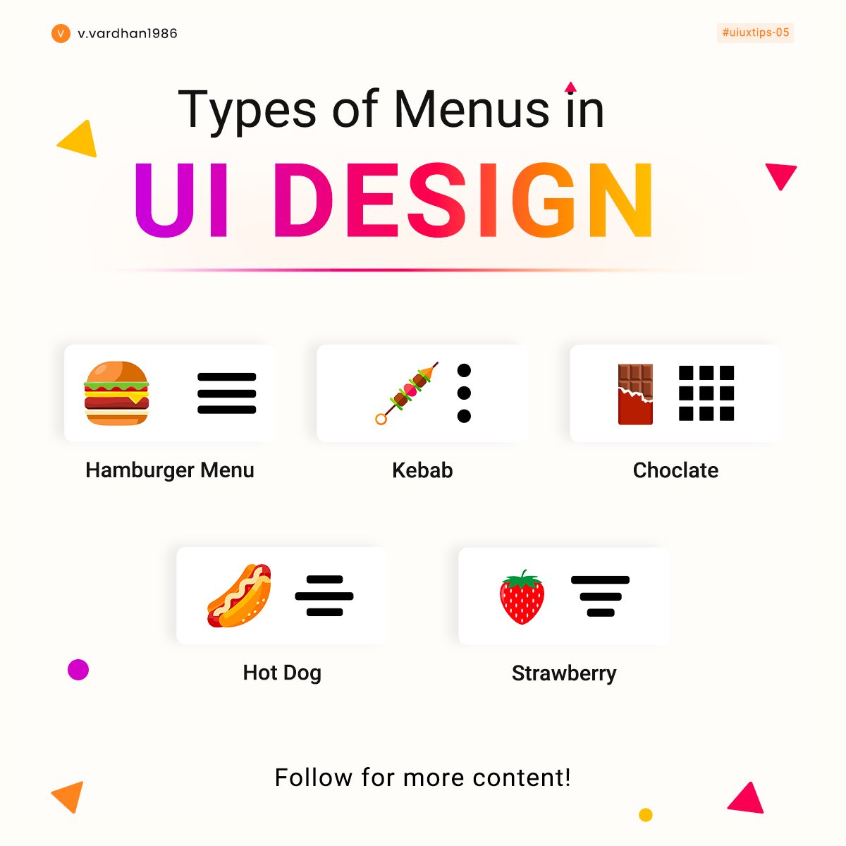 Vineetlky's tweet photo. Types of menus in Ui design
.
.

Share your thoughts in the comments!
.
.
Save this post for later, and reposts are highly appreciated! 💜 💜 💜 
.
.
Follow @designvibes.uiux on Instagram for more design resources like these!
.
.
#uiux #uidesign #uimenu #designmenu #Designers https://t.co/jNHdevYATQ