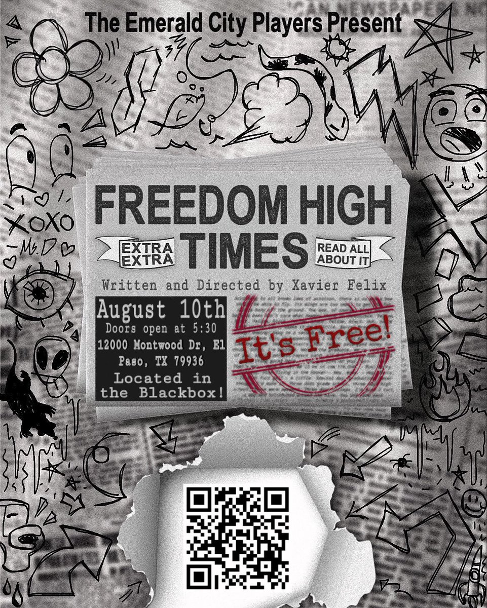 The Emerald City Players would like to present our first production of the year! Join us in the Blackbox this Saturday to see "Freedom High Times"! Doors open at 5:30, show starts at 6:00! It's all completely free! We hope to see you there!
Scan our QR to visit our social medias!