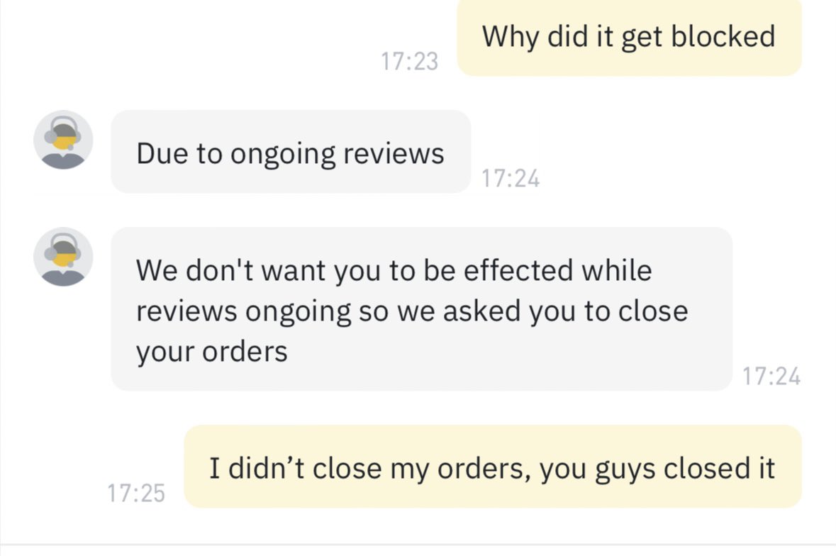 cryptom279's tweet photo. @BinanceHelpDesk @_RichardTeng I kept getting this message and then my swing longs which I have had opened for months closed and this was the response I get from your team! My accounts blocked for no reason and I haven’t got any updates and my longs have been closed which has made me lose so much money!! https://t.co/0SDZYyxoTd