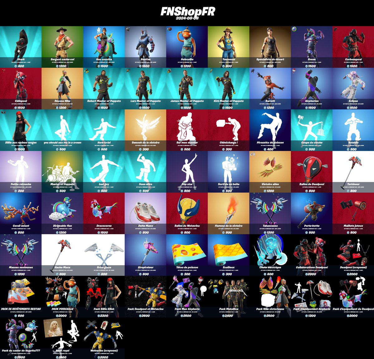 FNShopFR's tweet image. Boutique #Fortnite du 2024-08-08 !

N'oubliez pas d'activer les notifs pour ne rater aucune boutique. 🔔

Nombres d'items : 66
Maximum vu pour la dernière fois : 465 jours
Minimum vu pour la dernière fois : 1 jours