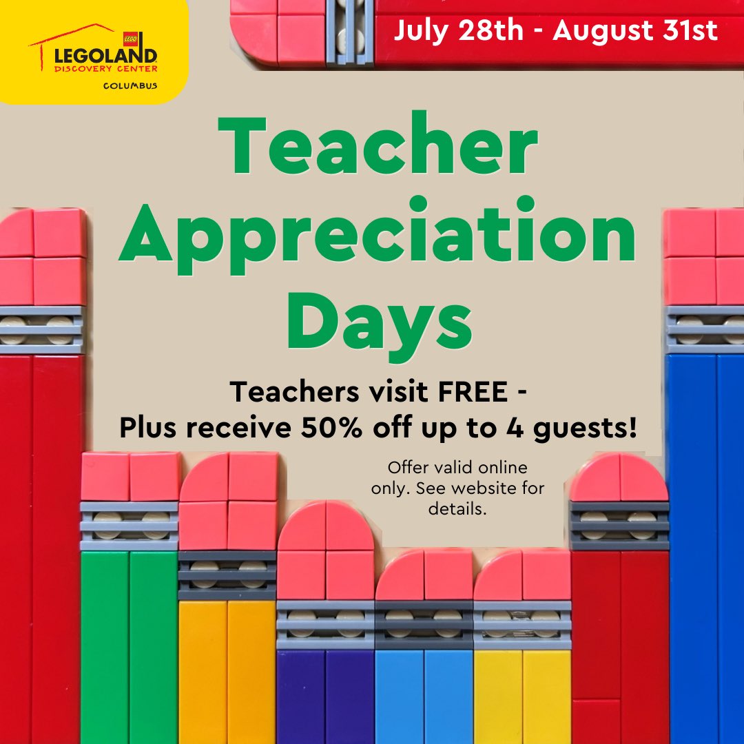 LDCColumbus's tweet photo. Teacher appreciation days are happening now through August 31st!  Available online only. Check out our website for details.  https://t.co/SySgQzHgaz https://t.co/zUDXgiUsml