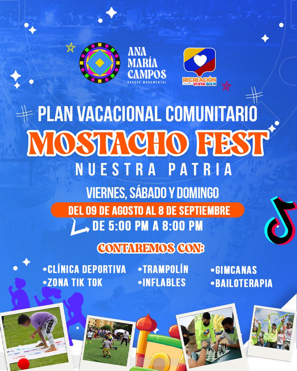 ¡Un plan vacacional comunitario lleno de sorpresas y diversión! 🎉

Del 9 de agosto al 8 de septiembre, los viernes, sábados y domingos, el Parque Monumental Ana María Campos servirá de escenario del Mostacho Fest Nuestra Patria 💛💙❤️
Totalmente gratis 
¡Te esperamos!
#Maracaibo