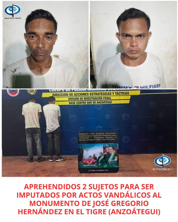 Dos detenidos por intentar derribar monumento de José Gregorio Hernández en El Tigre

Ambos sujetos  se encontraban realizando actos de vandalismo político por cuanto fueron capturados para ser imputados por el Ministerio Público.

ultimasnoticias.com.ve/noticias/gener…