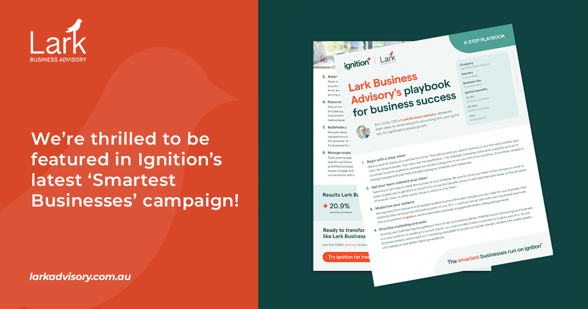 LarkAdvisory's tweet photo. 👋 @LarkAdvisory are excited to be one of the main case studies featured in @ignitionapp 's latest 'Smartest Businesses' campaign!

Read the full Lark case study here: https://t.co/1j5pVVjN1c

#LarkAdvisory #IgnitionCampaign #SmartestBusinesses https://t.co/8w7u8d2EMT