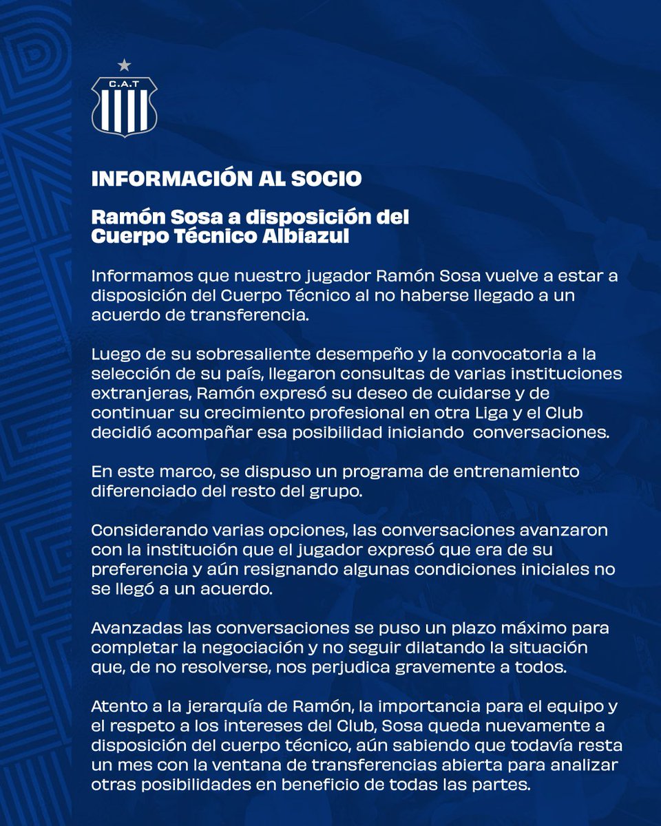 CATalleresdecba's tweet photo. 🔵 Información al socio 

Ramón Sosa a disposición del Cuerpo Técnico. https://t.co/RiWrq7pqnP