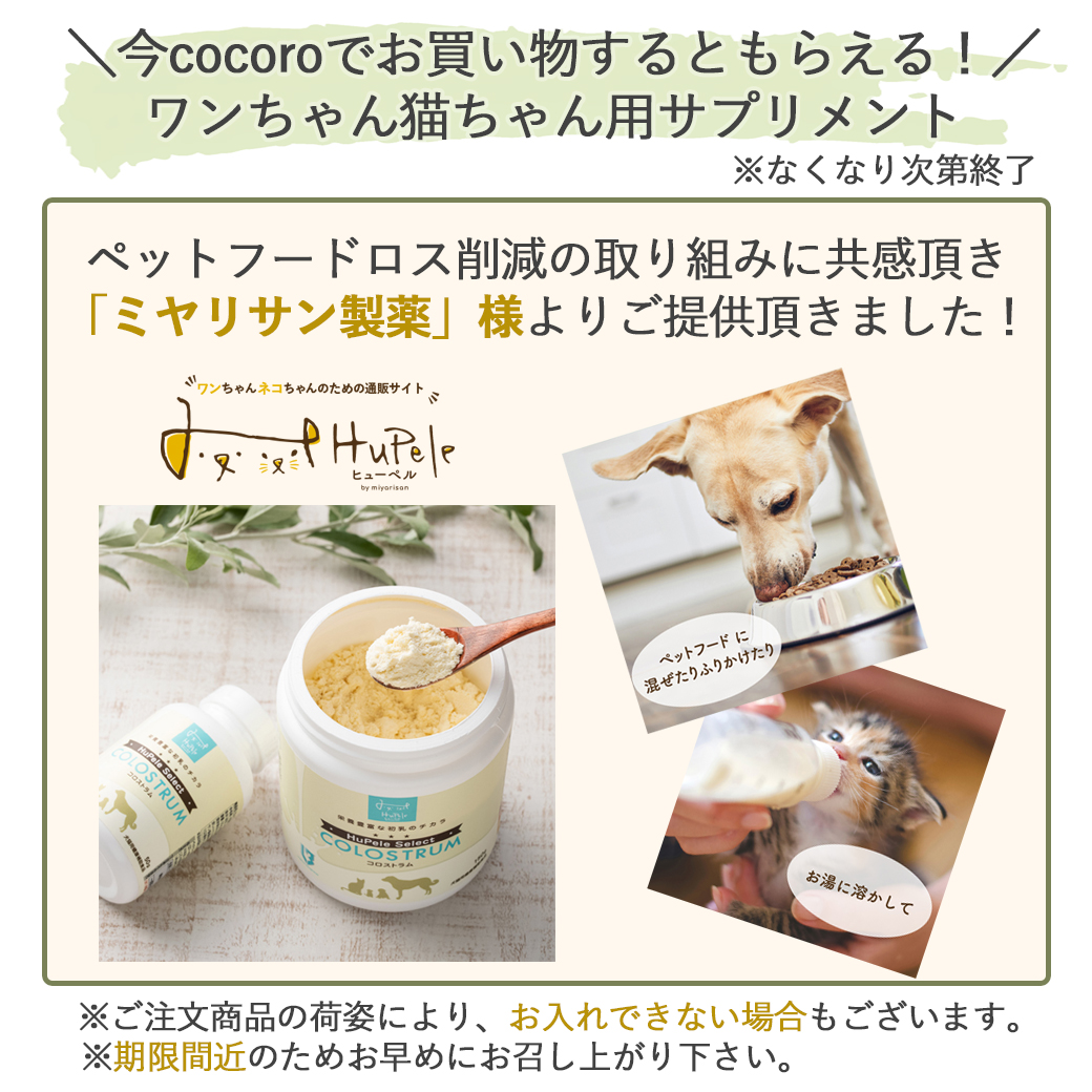 cocoro_ccp's tweet photo. 今だけ！ cocoroでご購入のお客様へ@HupeleMiyarisan 様のサプリメントをプレゼント🎁
 栄養豊富な牛の初乳を使用した健康補助食品✨
「ペットフードロス削減」のため賞味期限間近！
 到着後はお早めにお召し上がりください😊
※なくなり次第終了

▼お買い物はこちらから▼
 https://t.co/uuyYXgmFAp https://t.co/fpvKPhCR7h