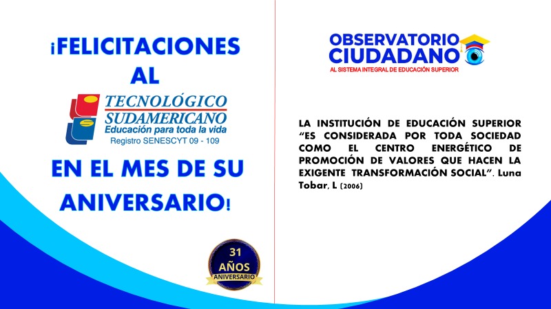 OCES_EC's tweet photo. ¡Felicitaciones al Instituto Superior Tecnológico Sudamericano en el mes de su aniversario!
#buenaspracticasprofesionales
#formandociudadanos
#campañadevalores
#centrodevalores
@tecsud https://t.co/WMgUkgx8lL