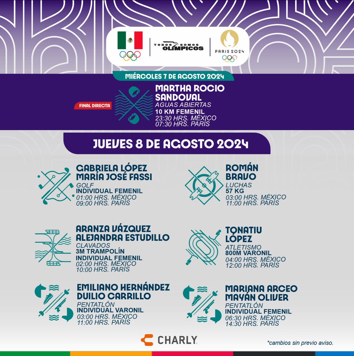 COM_Mexico's tweet photo. ¡Atención, México! 🇲🇽 Estos son los atletas que competirán el jueves 8 de agosto en #Paris2024 
Desde golf con Gabriela López y María José Fassi, hasta lucha con Román Bravo, nuestros deportistas están listos para dejarlo todo en cada competencia.

¡Vamos con todo, equipo! 💪🔥

#TodosSomosOlímpicos