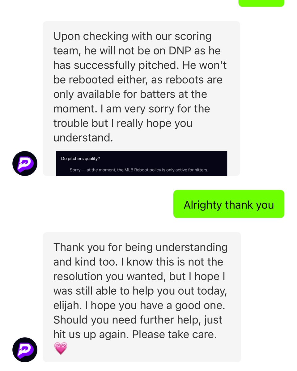 Elip32_Nft's tweet photo. @PrizePicks  response in regard to Feltner getting injured in the first inning. What a shame. The people that keep you in business are the same people you continue to ignore. Makes 0 sense. https://t.co/fbL5T2DWuj